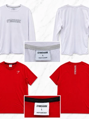 Gymshark träningspaket - Säljer två snygga och bekväma träningsplagg från Gymshark i storlek L. Perfekta för gymmet, löpning eller vardag 👌 (finns även utlagda separat).   ✔️ Röd Gymshark t-shirt ✔️ Vit långärmad Gymshark träningströja ✔️ Storlek L på båda ✔️ Bra skick ✔️ Svala och sköna material med bra passform