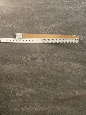 Vitt spiky bälte med silverdetaljer - Snyggt vitt bälte med två rader silvriga nitar och silverfärgat spänne. Bältet är smalt och har flera hål för justering. Perfekt accessoar för att ge outfiten en edgy touch.
