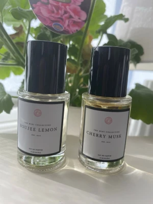 Boujee Lemon & Cherry Musk parfymduo - Två stilrena parfymer från The Mini Collection: Boujee Lemon och Cherry Musk. Flaskorna är genomskinliga med svart lock och vit etikett. Doftnoterna är fruktiga och fräscha, perfekt för dig som gillar unika och moderna dofter. Testade en eller ett par ggr så i stort sett fulla. Priset av ser båda.                     OBS: 2 x 15 ml 
