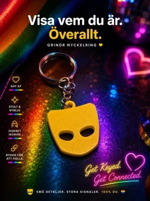 Gul Grindr nyckelring - Säljer en gul nyckelring formad som Grindrs ikoniska masklogo. Tillverkad i plast med metallring för enkel fastsättning på nycklar eller väska. Perfekt accessoar för dig som vill visa din pride och vara synlig med stil.
