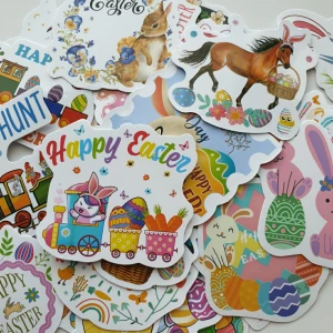30st påsk, enhörning, fordon klistermärken/stickers - Klistermärken/stickers Motiv: påsk, enhörning, dinosaurier, fordon, kanin, kyckling, ägg, haj, häst, flamingo, mm... Antal: 30st. Skick: ny/oanvänd. Kul att använda till pyssel, scrapbooking och annat. Kan tex användas till att dekorera din bärbara dator, anteckningsbok, resväska, etc. 