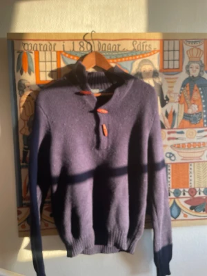 Blå  stickad tröja med träknappar - Mysig stickad tröja med hög krage och tre dekorativa träknappar framtill. Tröjan har långa ärmar, ribbade muddar och en liten broderad detalj på sidan. Perfekt för kyliga dagar och enkel att matcha med jeans. Den är lite mörkare och mer blå utanför bild!            Byten kan vara intressant!