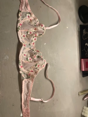 Rosa spets-bh med blommig brodyr - Säljer en superfin bh i ljusrosa mesh med broderade blommor i rosa, vitt och grönt. Bh:n har tunna axelband och transparent spetsmaterial som ger en romantisk och feminin look. Perfekt för dig som gillar detaljer och blommigt mönster.