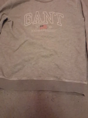 Grå sweatshirt från GANT - Säljer en klassisk grå sweatshirt från GANT med tryckt logga och amerikansk flagga på bröstet. Tröjan har rund halsringning, långa ärmar och ribbade muddar vid ärmslut och nederkant. Perfekt för en avslappnad och stilren look.