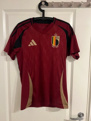 Belgien fotbollströja Adidas röd - Snygg röd Belgien fotbollströja från Adidas med svarta och guldiga detaljer. Tröjan har korta ärmar, V-ringning och Belgiens landslagsemblem på bröstet. Tillverkad i lätt och ventilerande material, perfekt för träning eller match. Äkta tröja från unisport med kvitto