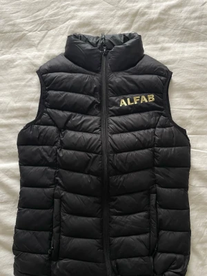 Svart dunväst med ALFAB-logga - Svart dunväst med gul broderad ALFAB-logga på bröstet och ryggen. Västen har hög krage, dragkedja framtill och quiltad design. Västen är i bra skick💞