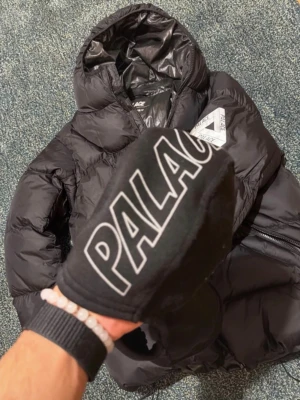 Svart pufferjacka från Palace - Säljer en svart pufferjacka från Palace med huva och dragkedja. Jackan har en oversized look och är tillverkad i glansigt material. Perfekt för kalla vinterdagar och har Palace-logga på insidan. Snygg och streetinspirerad design.