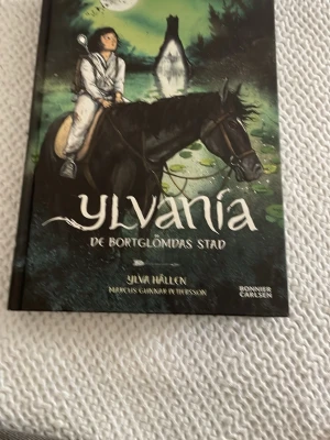 Ylvania: De bortglömda stad - En spännande fantasybok med hård pärm, skriven av Ylva Hällen och illustrerad av Marcus Gunnar Pettersson. Omslaget har en mystisk illustration med en person på en svart häst i en magisk skogsmiljö. Perfekt för dig som gillar äventyr och magi.