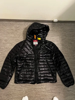 Svart Techno Puffer från Parajumpers - Cool svart pufferjacka från Parajumpers med huva och dragkedja framtill. Jackan har quiltad design och en gul detalj vid halsen. Perfekt för kalla dagar och har en lätt, glänsande finish. Märkeslogga på insidan och praktiska fickor. Pris kan diskutera