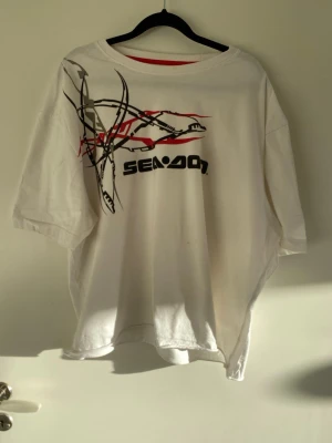 Tryck T-shirt - En vit T-shirt med stort brösttryck i grått, rött och svart. Kortklippt för att bli kortare i midjan, så blir passform Oversized. Har små fläckar som möjligtvis går bort i tvätten, har inte provat!