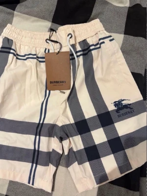 Burberry badbyxor med rutigt mönster - Snygga badbyxor från Burberry i klassiskt beige med marinblått och vitt rutmönster. De har elastisk midja med dragsko och Burberrys ikoniska logga tryckt på benet. Perfekta för stranden eller poolen, tillverkade i snabbtorkande material.