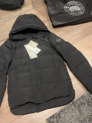 Svart dunjacka från Canada Goose - Säljer en svart dunjacka från Canada Goose med huva och diskret logotyp på ärmen. Jackan har en stilren design med breda kanaler och dragkedja framtill. Perfekt för kalla vinterdagar och riktigt varm tack vare dunfyllningen.