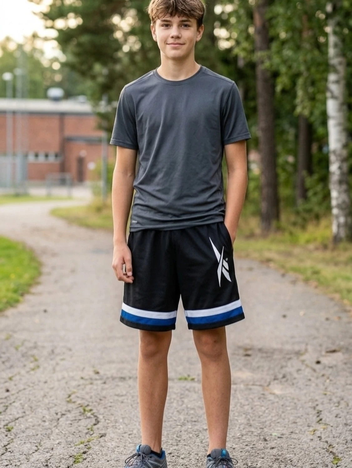 Svarta sportshorts med blå och vit kant