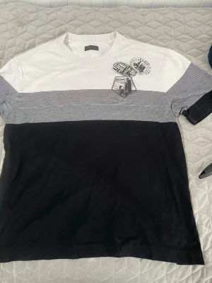 Randig svartvit ZEGNA Slim-fit T-shirt - Snygg t-shirt i svart, vitt och grått med tunna ränder och coolt tryck med städer som Paris, Milano och Shanghai på bröstet. Klassisk rund hals och korta ärmar. Perfekt för dig som gillar streetstyle och grafiska detaljer.