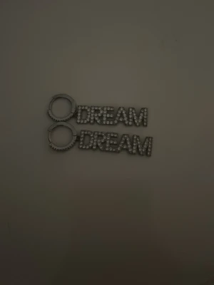 Örhängen med texten DREAM och pärlor - Säljer ett par örhängen i silverfärg med texten 'DREAM'från Lyla  dekorerad med små pärlor. Örhängena har en rund ring upptill och bokstäverna är täckta av gnistrande pärldetaljer som ger en cool och trendig look.