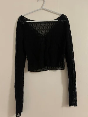 Svart mesh topp med spetsdetaljer - Säljer en svart mesh topp med långa ärmar och v-ringad hals. Toppen har ett transparent nätmönster och är croppad i modellen. Perfekt att styla över ett linne eller bh för en trendig look.
