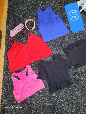 Mix av toppar i olika färger - Säljer ett paket med fem olika toppar: en röd linnetopp med tunna axelband, en blå ärmlös topp med hög hals, en svart ribbad kortärmad topp, en rosa sportig topp med gula detaljer och en svart enkel topp. Perfekt för dig som vill variera din stil!