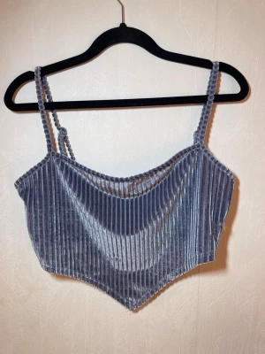 Grå ribbad croppad linnetopp - Säljer en grå croppad linnetopp i mjuk sammet med ribbad struktur och smala axelband. Toppen har en spetsig nederkant och ger en trendig vibe till din outfit. Perfekt att styla med höga jeans eller kjol. Helt ny, aldrig använd. Shein, storlek L. Djur, rök och parfymfritt hem.