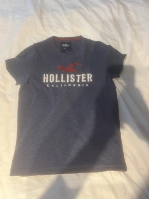 Blå Hollister t-shirt med tryck - Snygg blå t-shirt från Hollister med klassiskt logotryck i vitt och rött framtill. T-shirten har rund halsringning och korta ärmar. Perfekt för en avslappnad och trendig stil.