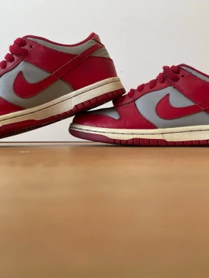 Nike Dunk Low röd/grå sneakers - Nike Dunk Low sneakers i rött och grått läder med klassisk låg siluett. Skorna har röda snören, grå tåbox med perforeringar och vit mellansula. Ikonisk Swoosh-logga på sidan och retro vibe som passar streetwear-stilen. Använda sparsamt. pris kan diskuteras.