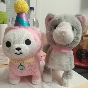 Två gosedjur katt och hund - Säljer två söta gosedjur, en gråvit katt med rosa halsband och en stickad rosa hund med vitt ansikte, blått och lila partyhatt med gul tofs. Perfekta som dekoration eller present till någon som gillar mjukdjur. Två söta gosedjur säljes. En rosa stickad hund med hatt och en grå katt med rosa band. Ej testat, utan garanti.