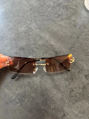 Rektangulära bruna solglasögon - Snygga solglasögon med rektangulära, bruna glas och guldfärgade detaljer. Glasen är utan båge runt och har svarta skalmar. Perfekt accessoar för en trendig look.