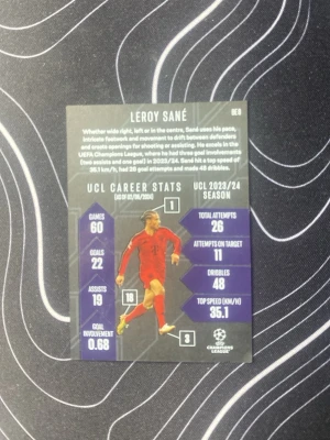 Leroy Sané Black Edge Edition kort - Samlarobjekt: Black Edge Edition fotbollskort med Leroy Sané från Bayern München, UEFA Champions League. Kortet har svart och guld design med statistik och actionbild på Sané i röd matchdräkt. Perfekt för dig som gillar fotboll och samlarkort.