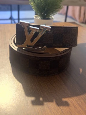 Bälte - Snyggt brunt bälte med klassiskt rutmönster i silvermetall som spänne. Bältet har en lyxig känsla och är gjort i läder med canvasdetaljer. Perfekt accessoar för att lyfta din outfit.