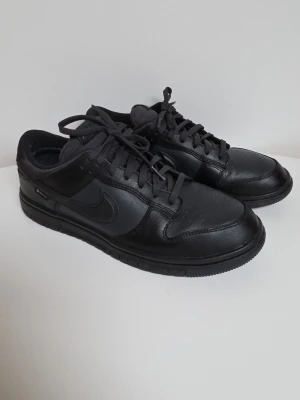 Svarta Nike Dunks Goretex - Snygga helsvarta Nike sneakers i lågt modellutförande. Skorna är tillverkade i läder med klassisk swoosh på sidan och svarta skosnören. Perfekta för dig som gillar stilrena och tidlösa sneakers med en clean look. Storlek 45 1/2 .Vattentäta. Använt ett fåtal gånger ser därför helt nya ut. Nypris 1500kr.