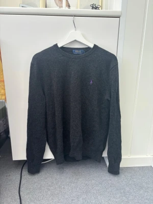 Mörkgrå/svart stickad tröja Polo Ralph Lauren - Mörkgrå stickad tröja från Polo Ralph Lauren med rund halsringning och diskret lila logobrodyr på bröstet. Tröjan har långa ärmar och ribbade muddar vid ärmslut och nederkant. Perfekt för lager på lager och en stilren look.