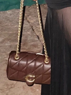 Brun quiltad handväska från Coach - Snygg brun handväska från Coach i quiltat läder med guldfärgad kedjerem och dekorativt C-spänne framtill. Klassisk rektangulär form och elegant design som lyfter vilken outfit som helst.