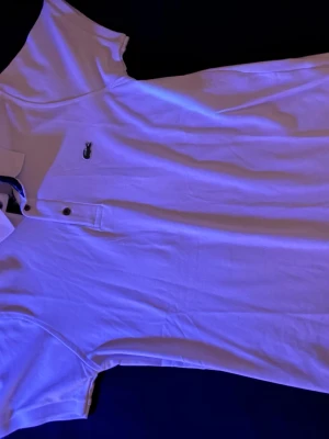 Vit polotopp från Lacoste - Säljer en klassisk vit polotopp från Lacoste med den ikoniska krokodilloggan på bröstet. Toppen har korta ärmar, krage och knappar framtill. Perfekt för dig som gillar stilrena plagg och vill ha något som funkar till många outfits.