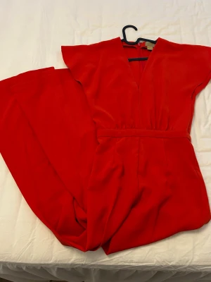 Röd jumpsuit med v-ringning från H&M - Röd jumpsuit med vida ben och korta, fladdriga ärmar från H&M i storlek 32. Djup v-ringning framtill och markerad midja. Dragkedja i ryggen för enkel påklädning. Endast använd en gång. 
