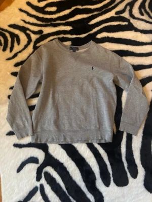 Grå tröja  från Polo Ralph Lauren - TRÖJAN HAR EN GRÖN FLÄCK PÅ SIG. Men fläcken syns knappt och är kanske 1x1cm. Pris diskuterbart vid snabb affär. Tröjan passar personer mellan 150-170 skulle jag säga 
