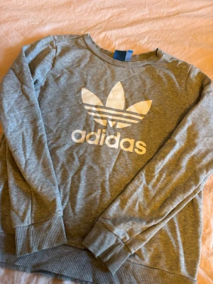 Grå Adidas sweatshirt med logga - Snygg grå sweatshirt från Adidas med den klassiska vita trefoil-loggan tryckt på bröstet. Tröjan har rund hals, långa ärmar och ribbade muddar vid ärmslut och nederkant. Perfekt för en avslappnad och sportig stil.