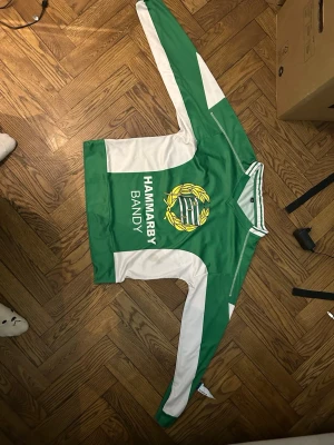 Grön Hammarby bandytröja - Säljer en grön och vit bandytröja från Hammarby med klubbens logga och texten 'HAMMARBY BANDY' på bröstet. Tröjan har långa ärmar, rund hals och är tillverkad i ett lätt och funktionellt material som passar perfekt för vintersport.