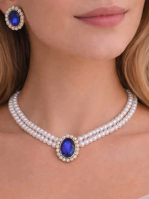 Pärlset med blå stenar - Säljer ett elegant smyckeset med halsband och örhängen. Halsbandet har dubbla rader vita pärlor och ett stort blått ovalt smycke i mitten, inramat av små pärlor och gulddetaljer. Matchande örhängen med samma blå sten och pärlram. Perfekt för att lyfta din outfit.