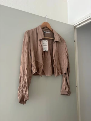 Beige croppad blus från Zara - Trendig croppad blus från Zara i en mjuk beige ton. Blusen har lång ärm med knappar vid ärmslut, klassisk krage och knäppning framtill. Tillverkad i ett lätt och luftigt material som ger en avslappnad look.