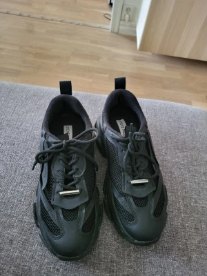 Svarta chunky sneakers Steve Madden - Säljer ett par svarta chunky sneakers från Steve Madden med meshdetaljer och grov sula. Skorna har snörning och coola metallspännen på snörena. Perfekta för dig som gillar streetwear och vill ha en modern look.