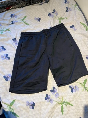 Svarta shorts med snörning - Säljer ett par svarta shorts med snörning i midjan och sidofickor. Perfekta för sommaren och har en avslappnad passform. Materialet känns mjukt och bekvämt, troligen bomull eller polyester.