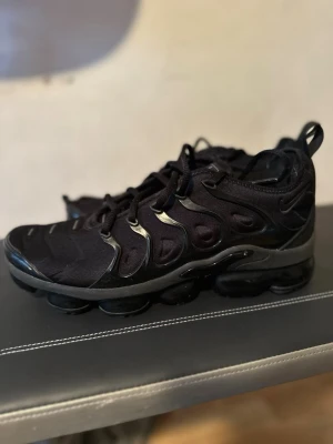 Nike Air Vapormax Plus Svart - Nike Air Vapormax Plus i helsvart med ikonisk bubbelsula och detaljer i blank plast. Skorna är helt nya då jag endast använde dem en gång innan min hund bet en bit fram till.
