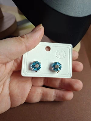 Blå glittriga blomörhängen - Snygga örhängen i form av blommor med blå stenar och glittrande mitt. Örhängena har en silverfärgad infattning och är perfekta för att ge din look lite extra bling. Passar dig som gillar färg och vill sticka ut med dina accessoarer.
