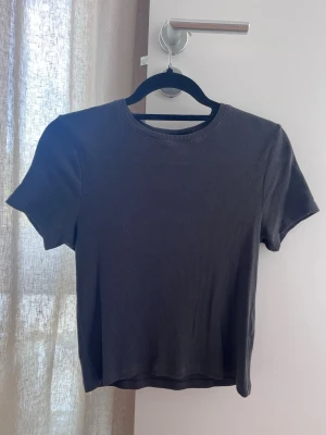 Mörkgrå ribbad t-shirt från H&M Divided - Säljer en mörkgrå ribbad t-shirt från H&M Divided. T-shirten har korta ärmar, rund halsringning och är tillverkad i mjuk bomull. Enkel och stilren modell som passar till det mesta.
