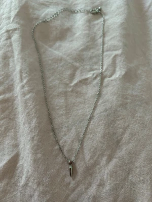 Silverfärgat halsband med spetsig berlock - Snyggt halsband i silverfärg med en tunn kedja och en liten, spetsig berlock som hänger i mitten. Halsbandet har en enkel och stilren design som passar till många olika looks. Perfekt för dig som gillar minimalistiska accessoarer.