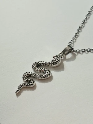 Silvrigt halsband med ormberlock - Snyggt halsband i silverfärgad metall med en detaljerad ormberlock. Ormen har ett mönstrat, fjälligt utseende och hänger i en tunn kedja. Perfekt för dig som gillar unika och edgy accessoarer med djurmotiv. Materialet rostfritt stål 