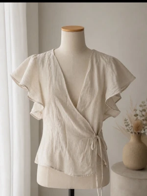 Beige topp  - Snygg beige omlottopp i linne med korta volangärmar och knyt i sidan.  Från Zara storlek XS men sitter som S 💞💞💞