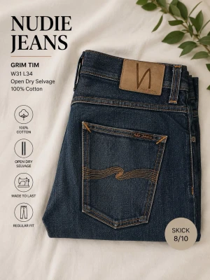 Nudie Jeans Grim Tim – Open Dry Selvage - Nudie Jeans Grim Tim – Open Dry Selvage  Säljer ett par Nudie Jeans Grim Tim i Open Dry Selvage-denim. En av Nudies mest uppskattade modeller med rak passform och avsmalnande ben, tillverkad i 100 % bomull för den klassiska rådenimkänslan.  • Modell: Grim Tim • Storlek: W31 L34 • Material: 100 % bomull • Denim: Open Dry Selvage • Skick: 8/10  Jeansen är i fint använt skick med naturlig patina från användning. Den öppna selvage-denimen kommer fortsätta utveckla snygga och personliga fades över ti