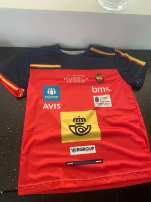Spansk landslagströja röd/blå - Säljer en röd och mörkblå spansk landslagströja med korta ärmar. Tröjan har flera sponsorer tryckta på framsidan, bland annat Cajamar, Avis och Vargroup. Detaljer i gult och rött på ärmarna och axlarna. Perfekt för dig som älskar sport och Spanien.