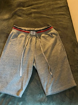 Grå shorts från Polo Ralph Lauren - Grå mjukisshorts från Polo Ralph Lauren med snörning i midjan och broderad logga på vänster sida. Elastisk midja med röd och marinblå rand upptill. Perfekta för chill dagar eller träning.