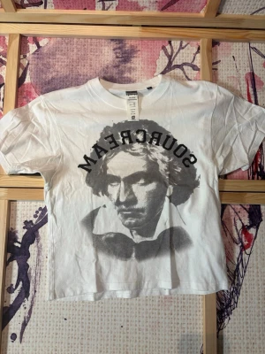 Vit t-shirt från Sourcream - Vit t-shirt från Sourcream med svart tryck framtill och texten 'SOURCREAM' i båge över ett grafiskt motiv. Klassisk rund hals och korta ärmar. Tillverkad i mjuk bomull för en skön känsla och avslappnad passform.